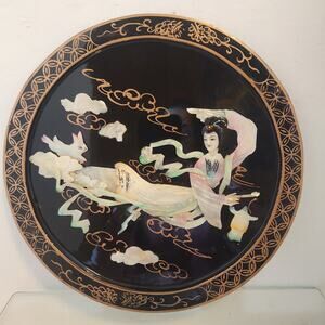 Vintage 1950's Chinoiserie Black Lacquer Mother of Pearl Asian Art Piece